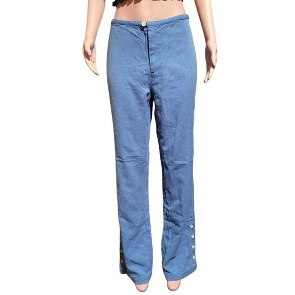 women's high-waist blue elastic waist with buttons on hem pants M - Picture 4 of 7
